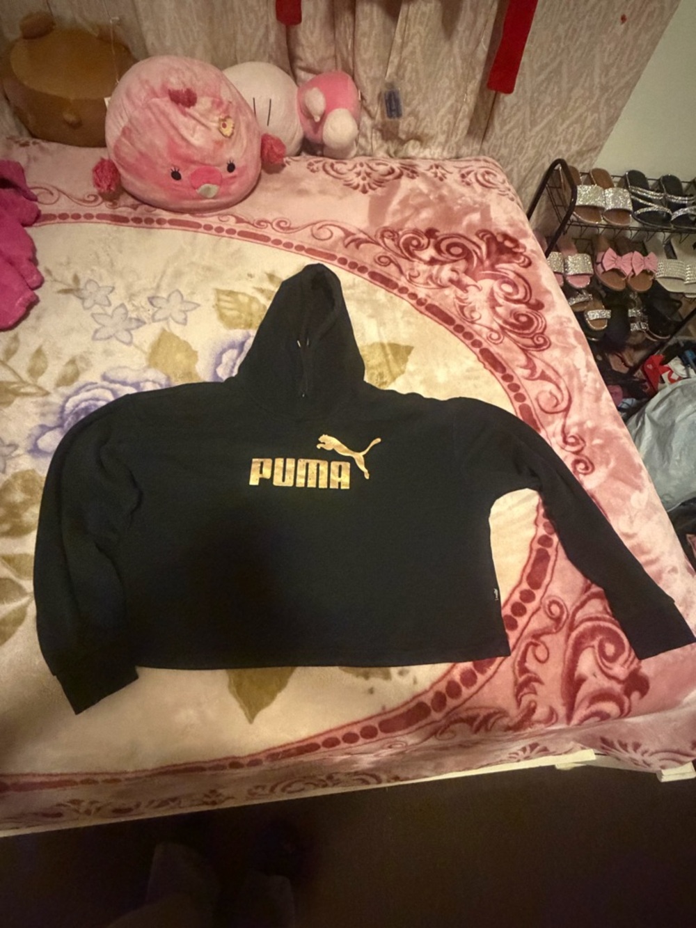 Puma Black Cropped Hoodie with Gold Logo